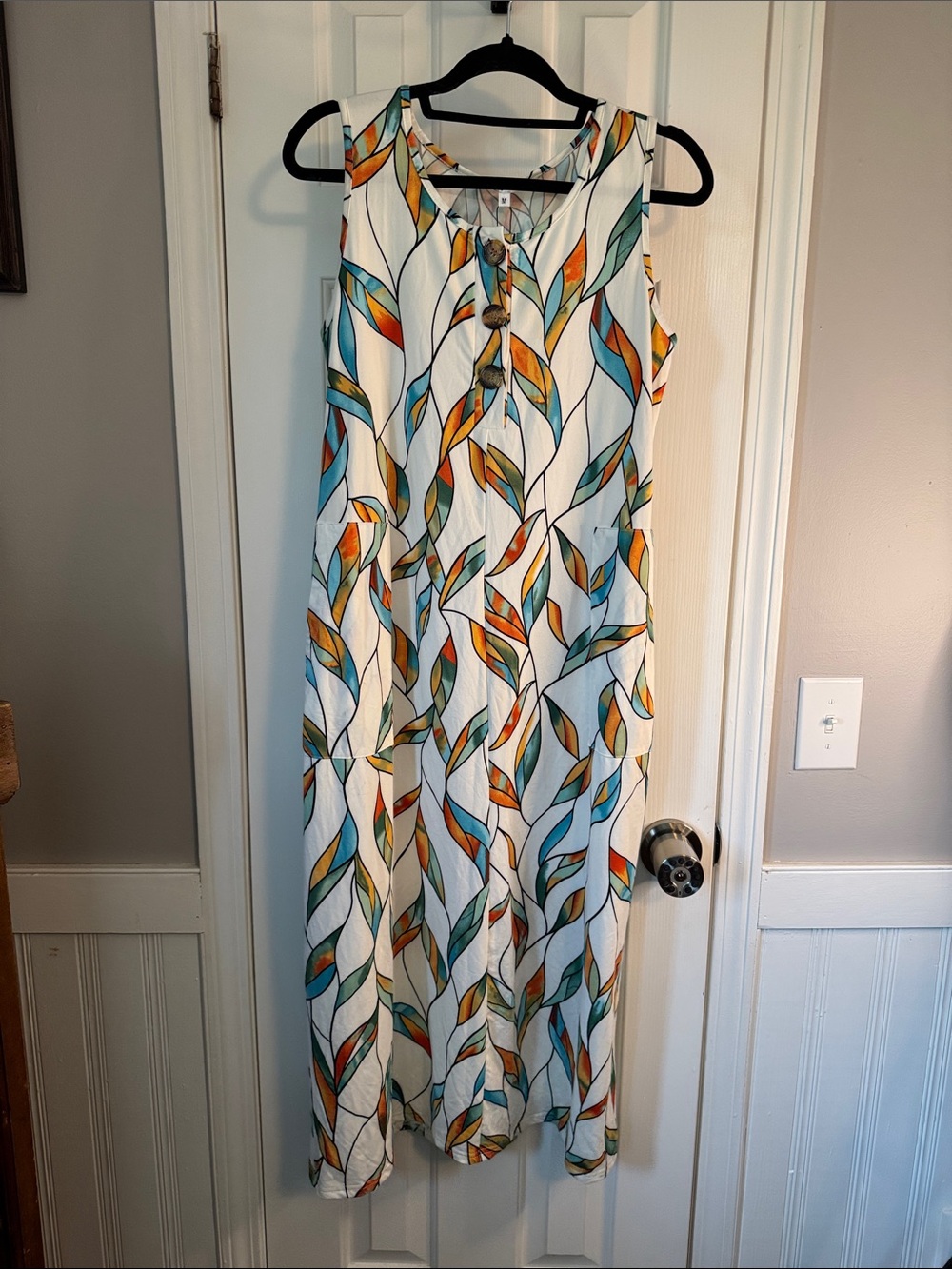 Sleeveless White Maxi Dress with Teal & Mustard Leaf Print (25)